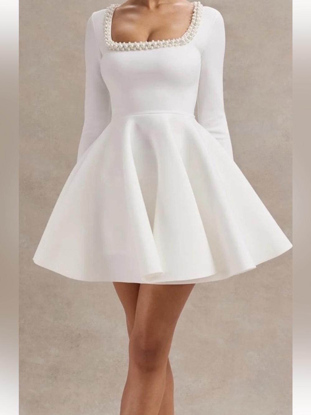 Square Neck White Pearl-Trim Mini Dress US Size 8 Club London
